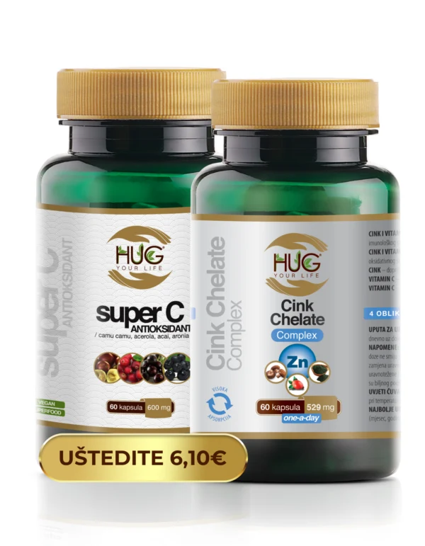 Bočice Hug Your Life proizvoda Super C Antioksidanta i Cink Chelate Complexa