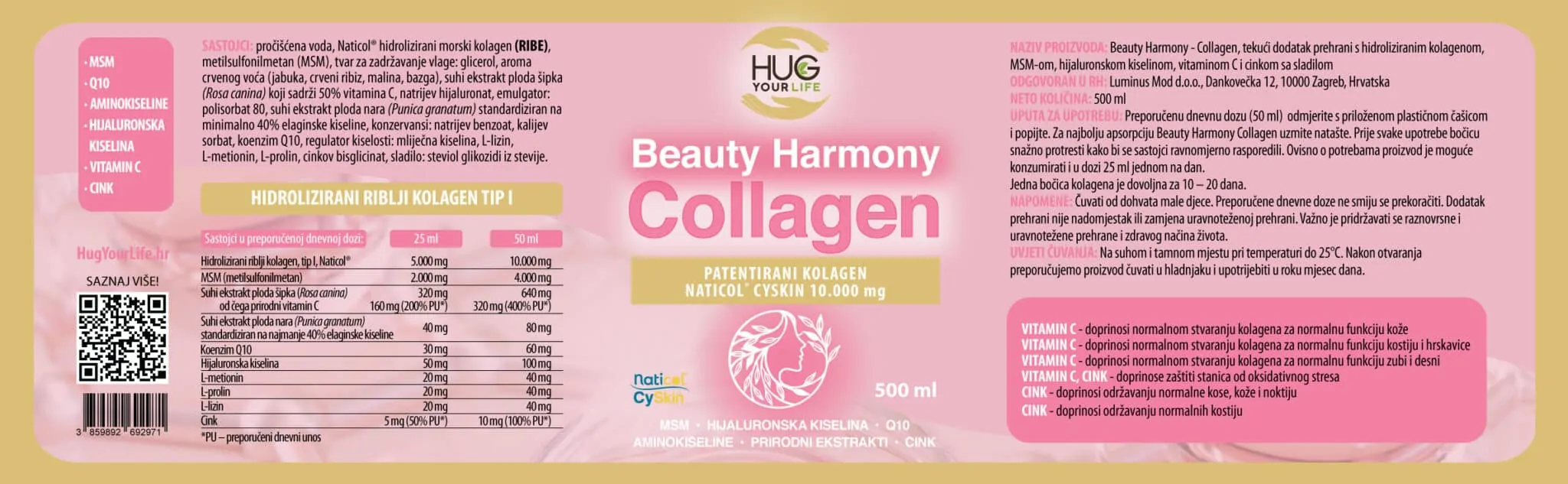 Etiketa Hug Your Life Beauty Harmony Kolagen dodatka prehrani
