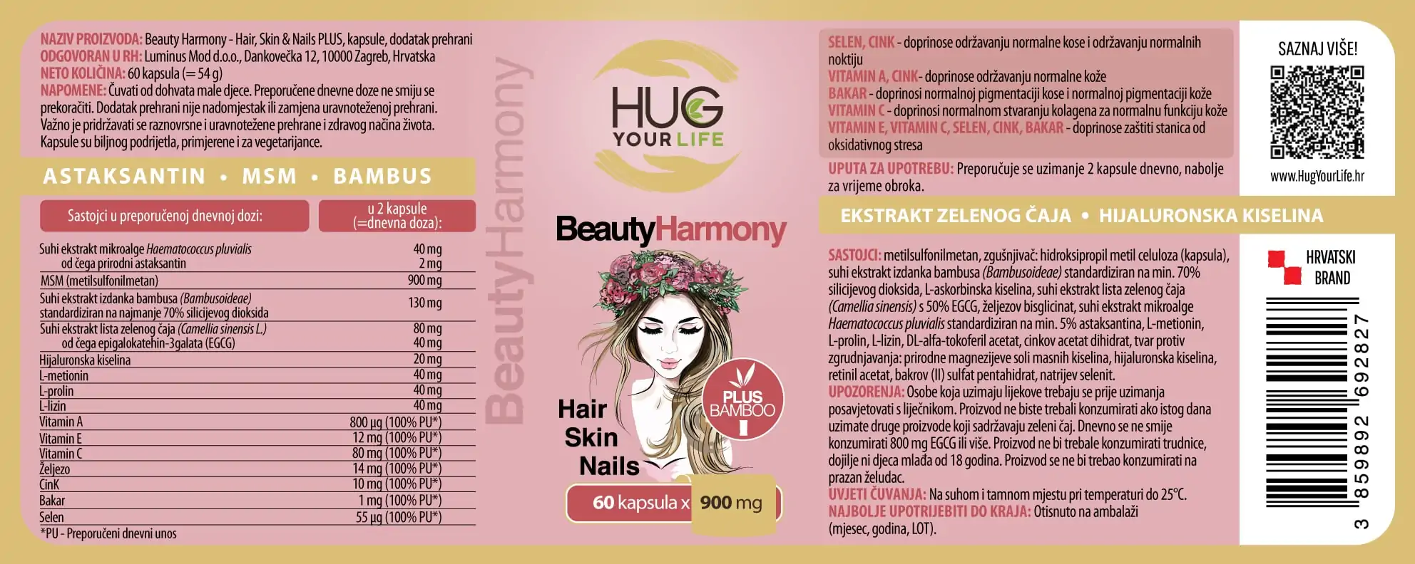 Etiketa Hug Your Life Beauty Harmony Hair, Skin & Nails dodatka prehrani