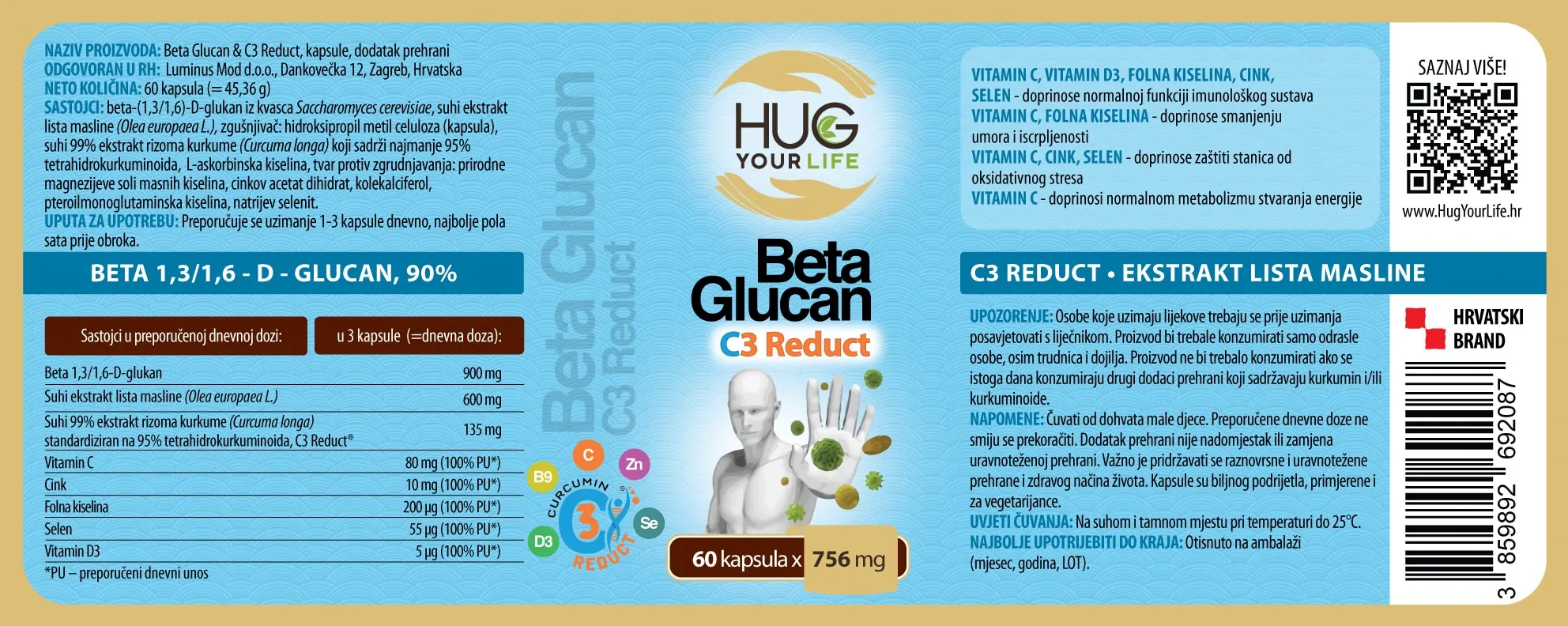 Etiketa Hug Your Life Beta Glukan & C3 Reduct dodatka prehrani