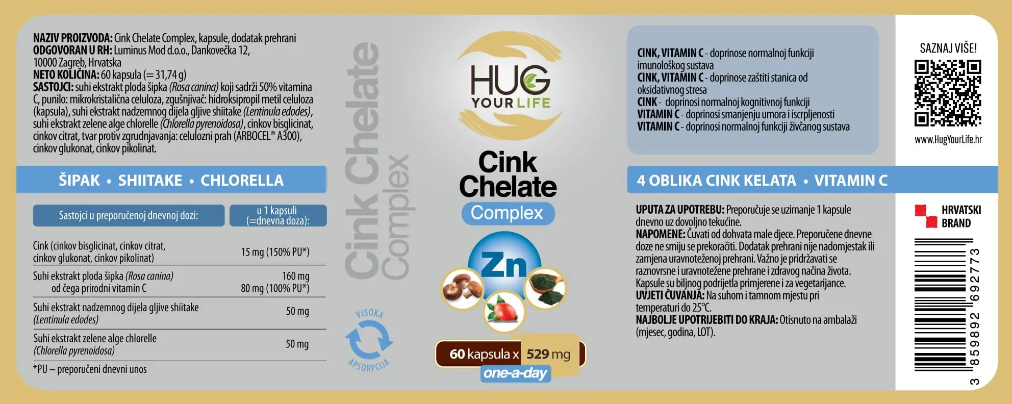 Etiketa Hug Your Life Cink Chelate Complex dodatka prehrani