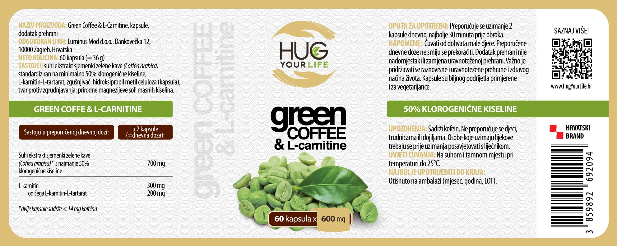 Etiketa Hug Your Life Green Coffee & L-carnitine dodatka prehrani