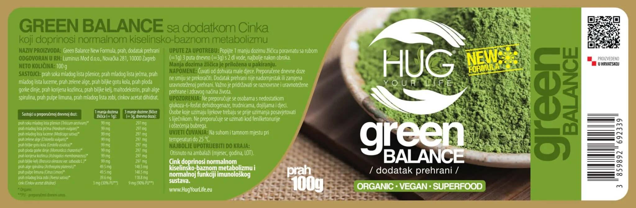 Etiketa Hug Your Life Green Balance dodatka prehrani