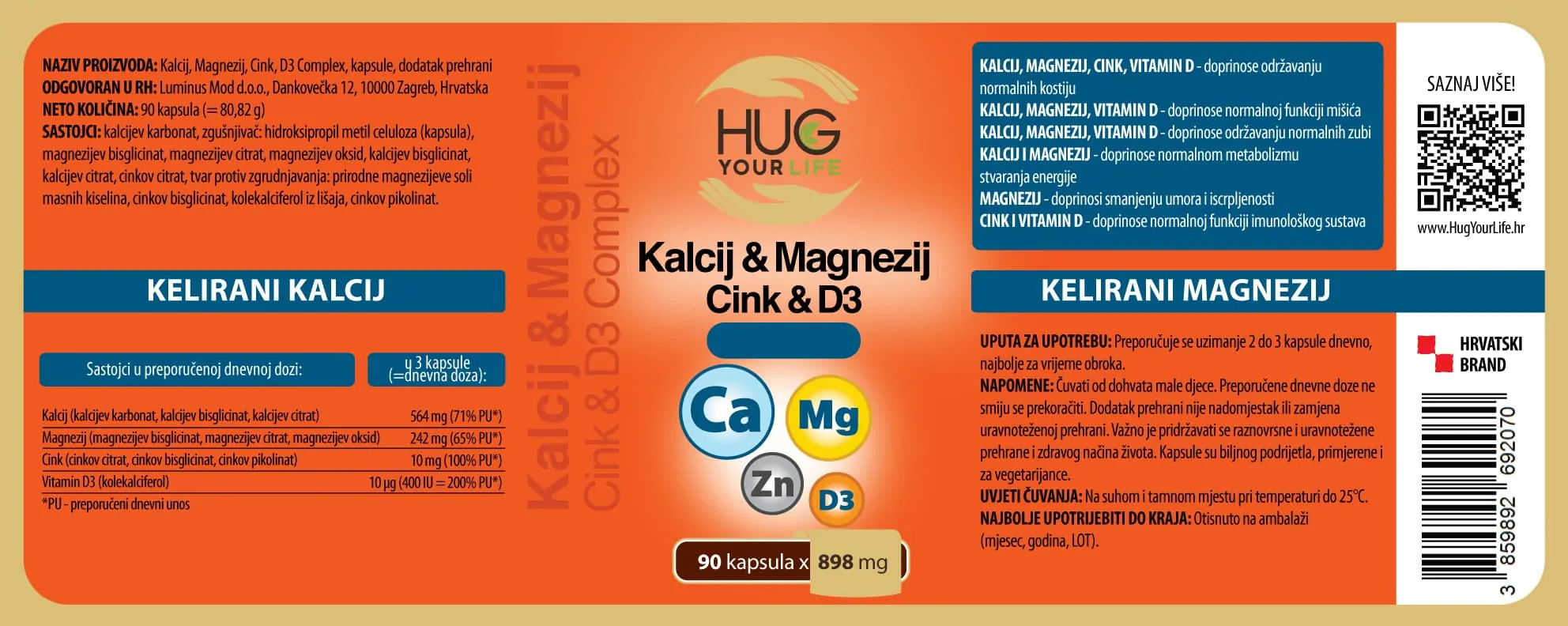 Etiketa Hug Your Life Kalcij, Magnezij, Cink & D3 dodatak prehrani