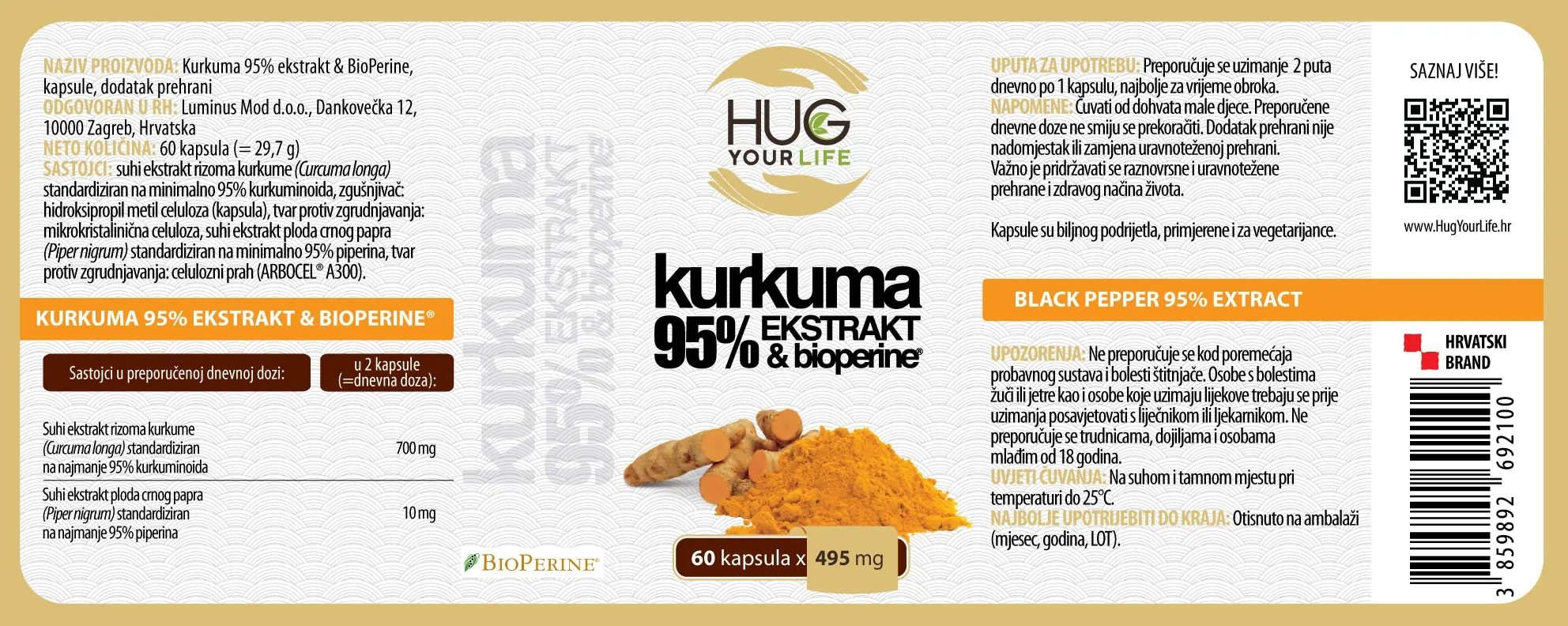 Etiketa Hug Your Life Kurkuma 95% dodatka prehrani
