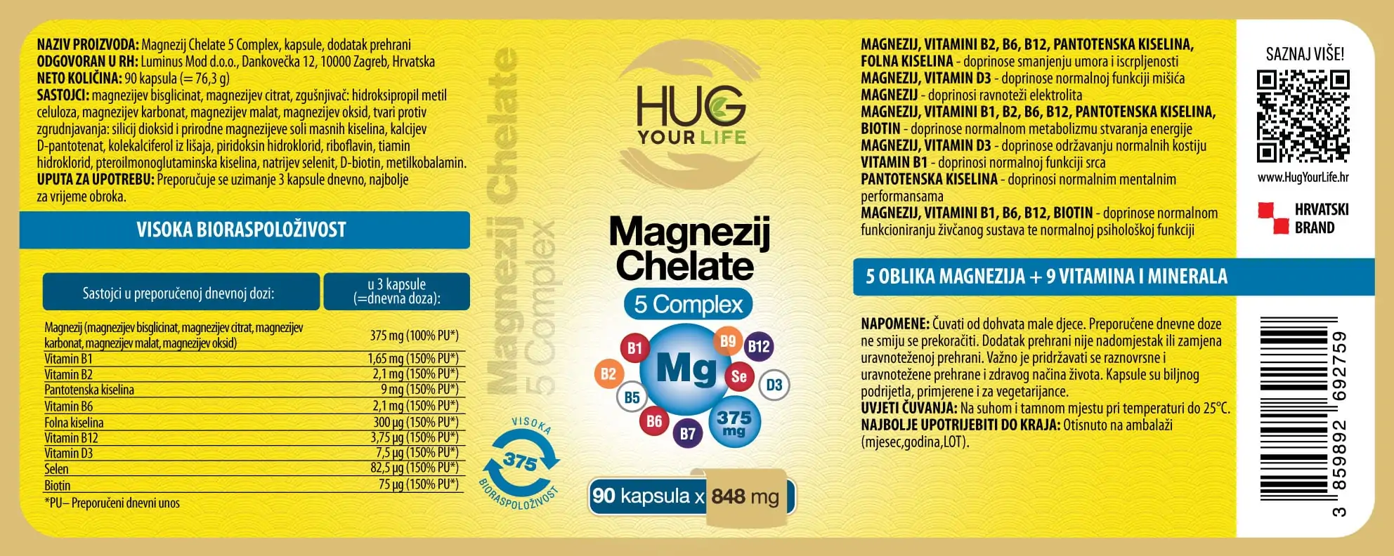 Etiketa Hug Your Life Magnezij Chelate 5 Complex dodatka prehrani