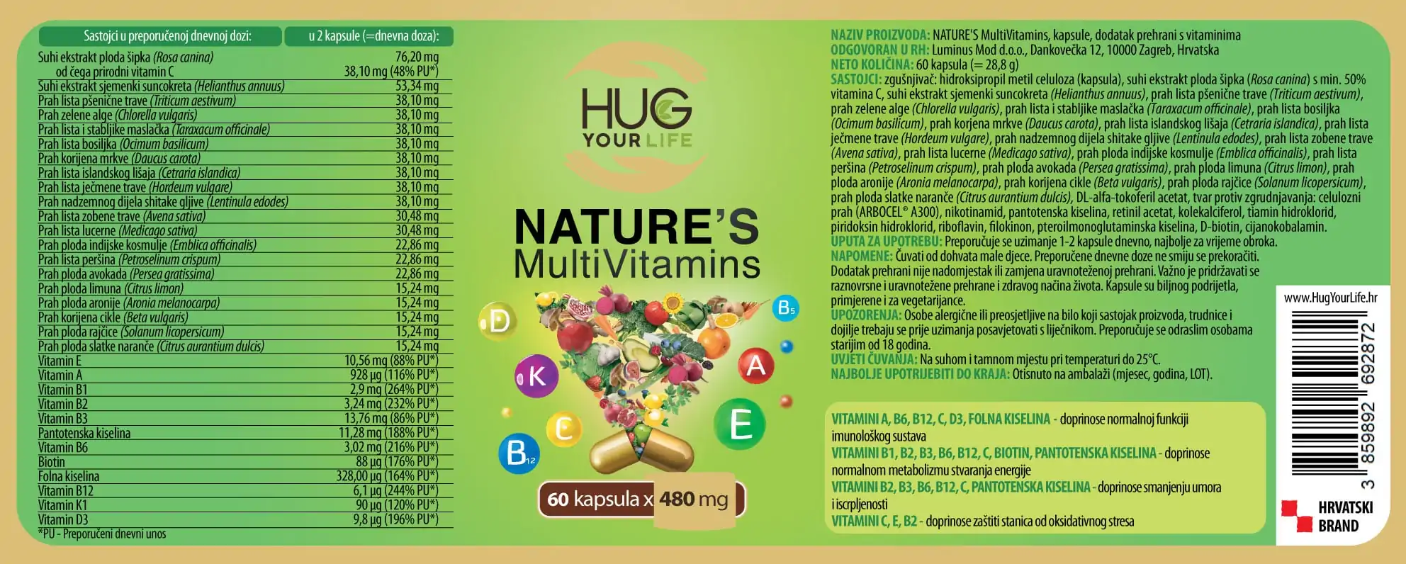 Etiketa Hug Your Life Nature's Multivitamin dodatka prehrani