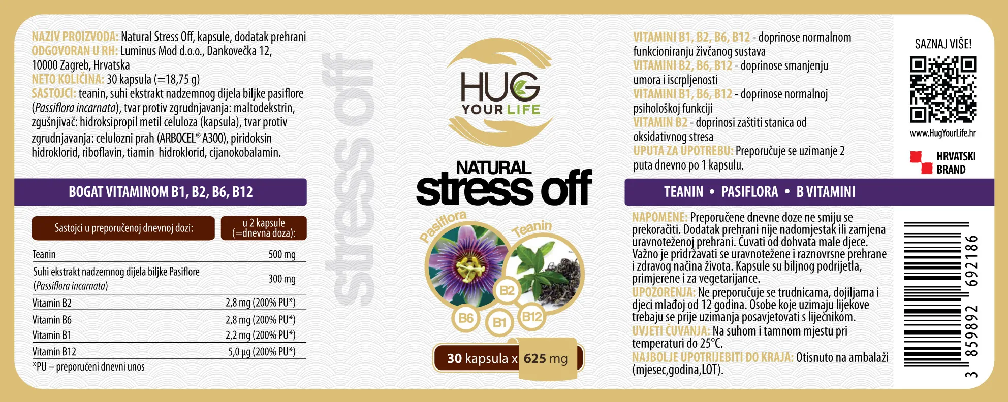 Etiketa Hug Your Life Stress Off dodatka prehrani