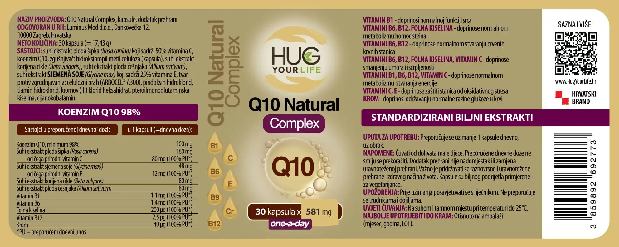 Etiketa Hug Your Life Q10 Natural Complex dodatka prehrani