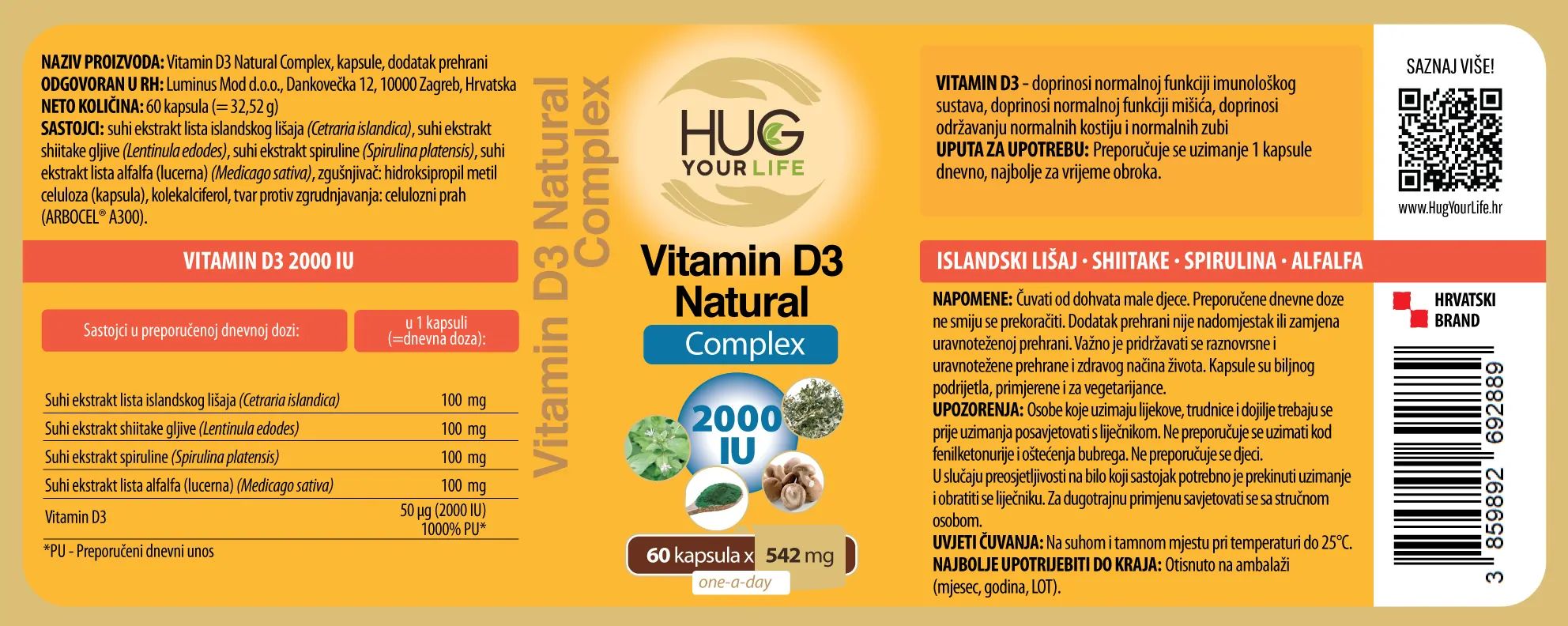 Etiketa Hug Your Life Vitamin D3 Natural dodatka prehrani